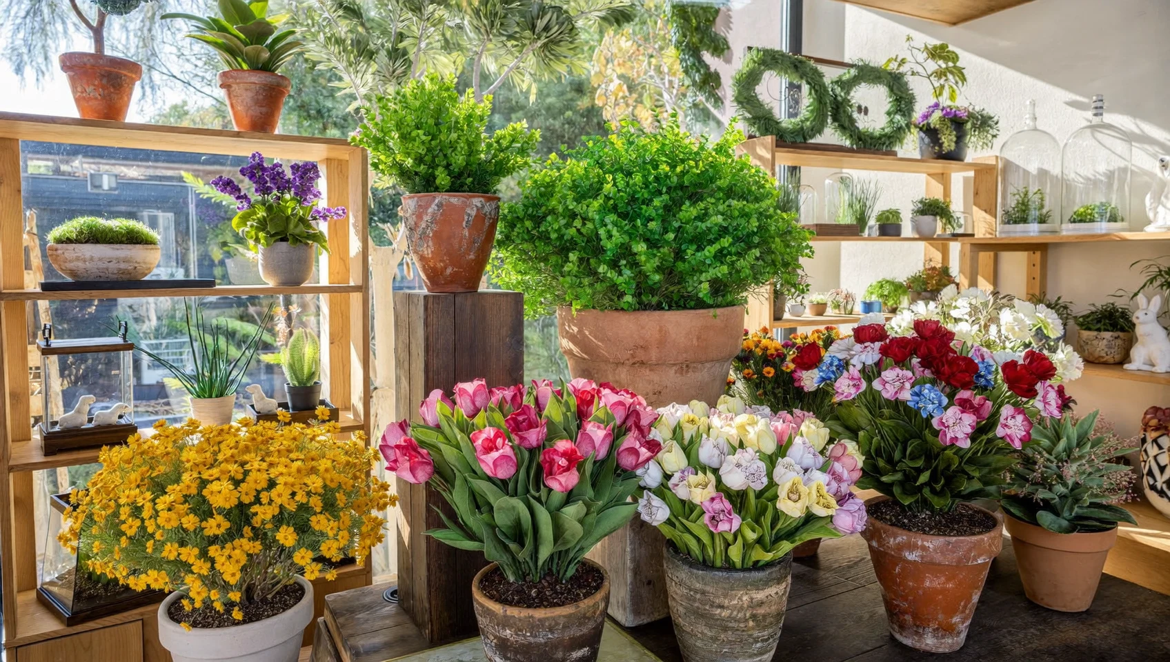 Ilustrație generată cu AI: aranjament floral artificial într-un interior luminos